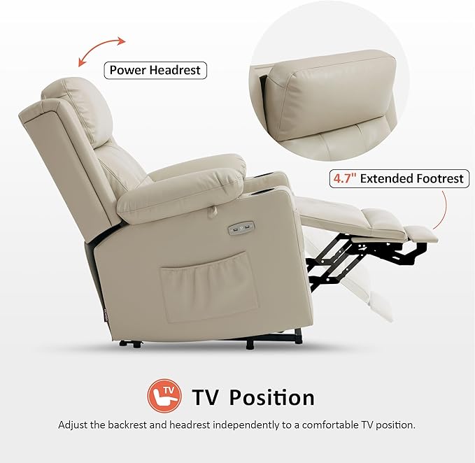 MCombo Lay Flat Triple Motor Power Lift Recliner Chair Sofa with Heat and Massage, Adjustable Headrest for Elderly, Infinite Position, Faux Leather 7661 (Beige, Medium)