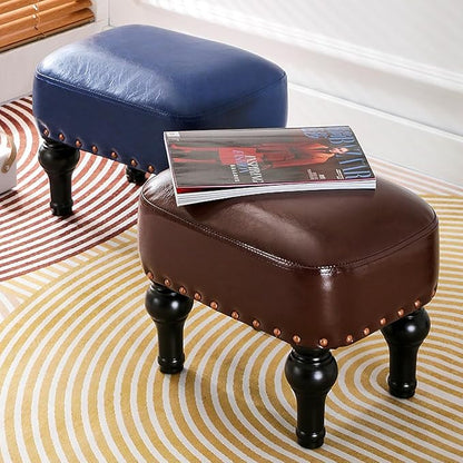 Ottoman Leather Foot Rest with Thicker Foam Padded Seat, Footstool with Wooden Legs (Brown)