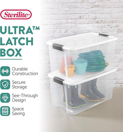 Sterilite 12-Pack Ultra Latching Box, Storage Bins with Lids, Clear Plastic, 70 Quart - Heavy-Duty Organizing Containers for Closet, Bathroom, and Office