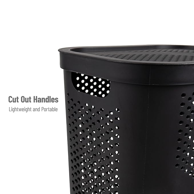 Mind Reader 60L Slim Laundry Hamper, Clothes Basket, Lid, Ventilated, Plastic, Set of 2, Black
