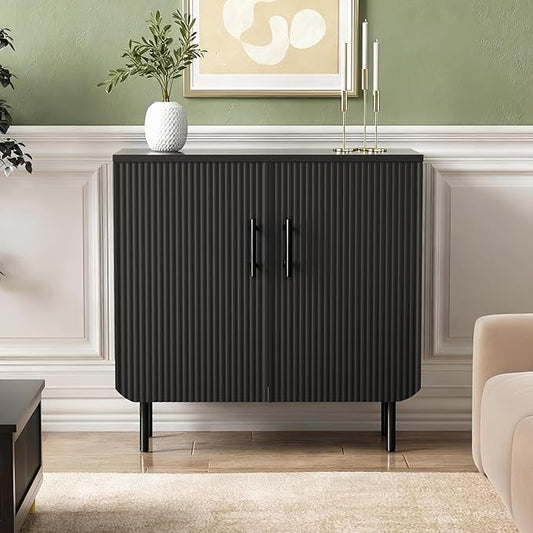 Buffet Cabinet with Storage, Sideboard with 2 Doors, Adjustable Shelf, Fluted Accent Cabinet for Living Room, Modern,Black