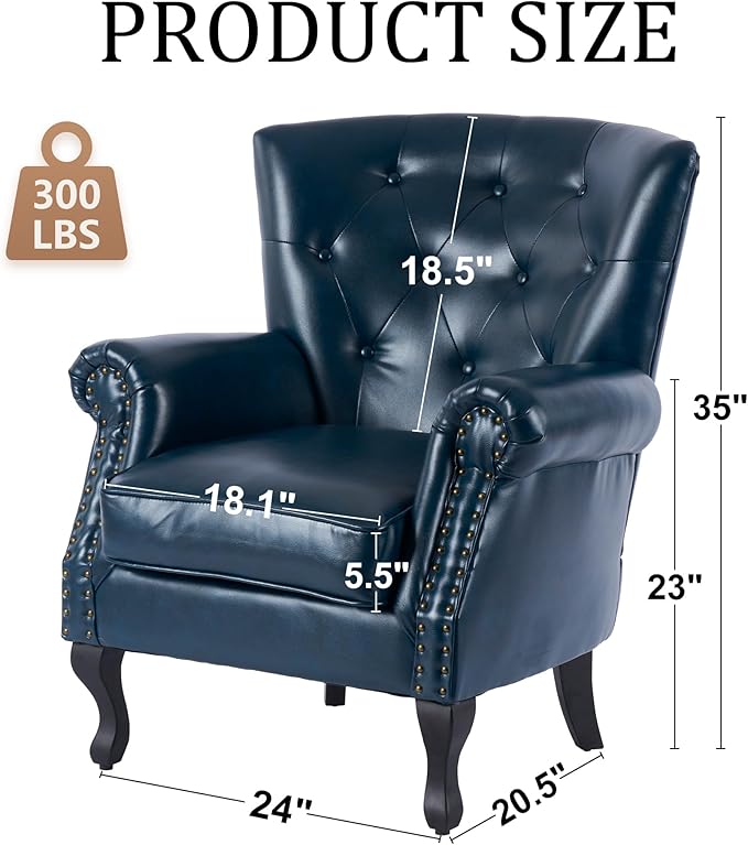 Modern Accent Chair Set of 2, Mid-Century PU Leather Armchair with Solid Wood Legs, Single Sofa Chair for Living Room, Bedroom, Leisure Room, or Reading Room(Navy)