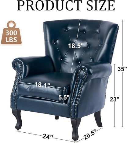 Modern Accent Chair Set of 2, Mid-Century PU Leather Armchair with Solid Wood Legs, Single Sofa Chair for Living Room, Bedroom, Leisure Room, or Reading Room(Navy)
