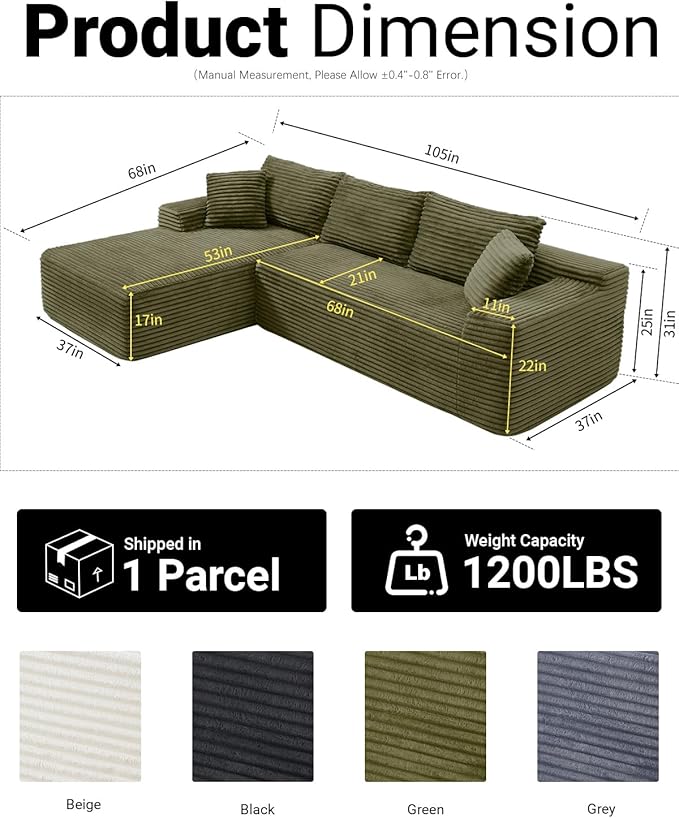 108 Inch Cloud Sectional Couch,Modern Modular Sectional Sofa with Deep Seat,Corduroy Boneless Couches with L-Shape Chaise for Living Room,No Assembly Required (Green, Left Facing Chaise)