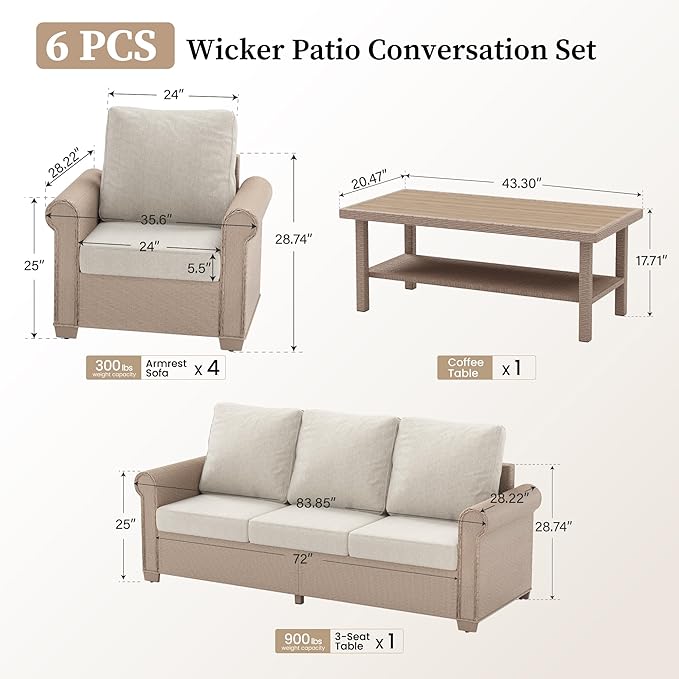 Patio Furniture Set 6 pcs, Wicker Rattan Sofa with 5.5" Thick Waterproof Cushions, 4 Chairs and Coffee Table, All Weather Outdoor Conversation Set for Backyard Deck, 7 Seats Beige