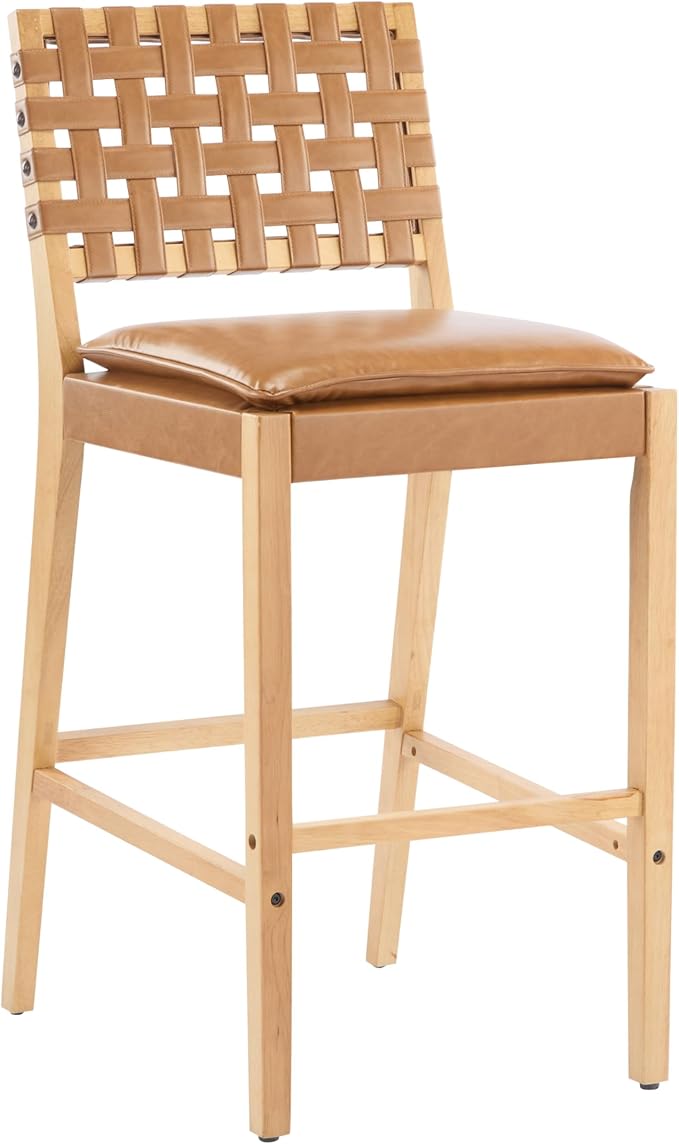 Christopher Knight Home Caitlyn lndoor Barstool Set of 2, Counter Height Stool with Footrest/Backrest for Bar Table, Natural Rubberwood Frame with Faux Leather Upholstery Counter Stool, Brown+Natural