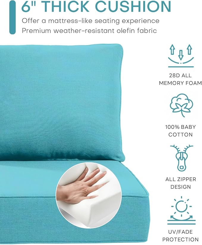 Luxury 24x24x6 Inch Patio Chair Cushions Set of 3 - Memory Foam Deep Seat Water-Resistant Patio Cushion for Dining Rocking Swivel Glider Loveseat 3-Seater Sectional Sofa - Turquoise