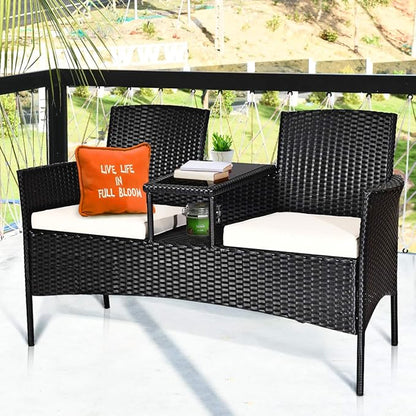 COSTWAY 2-Seat Patio Conversation Sets, Outdoor Patio Loveseat Set with Removable Cushions & Built-in Coffee Table for Backyard, Garden, Lawn, Balcony, Black+Beige