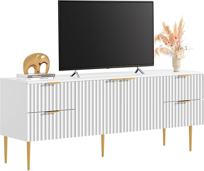 SICOTAS TV Stand for 55/60/65/70 Inch TV - 62 Inch TV Stands for Living Room Entertainment Center with 4 Drawers, Fluted Modern TV Media Console Television Cabinet for Bedroom (White,1 Piece)