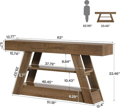 Tribesigns 63-Inch Wooden Console Table with Storage Shelves, Rustic Long Entryway Sofa Table Behind Couch for Living Room, Entrance, Hallway, Foyer