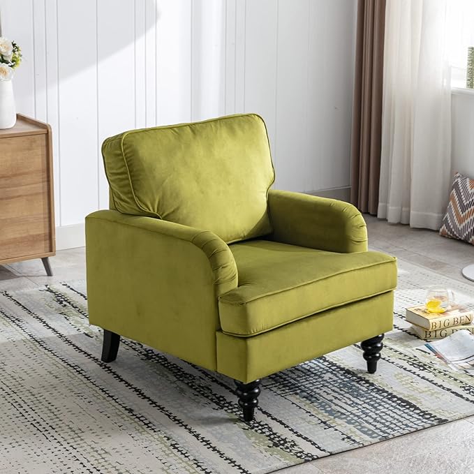 Velvet Upholstered Accent Chair Modern Single Sofa Chair with Thick Removable Back Cushion and Black Printed Legs Armchair for Living Room/Bedroom/Reading Room, Olive Green