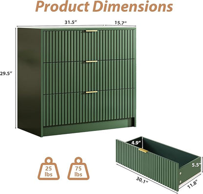 3-Piece Dresser Bedroom Set, 8 Drawer Dresser & 3 Drawer Nightstands with Gold Handles, Fluted Wood Chest of Drawers for Bedroom, Living Room, Entryway, Green