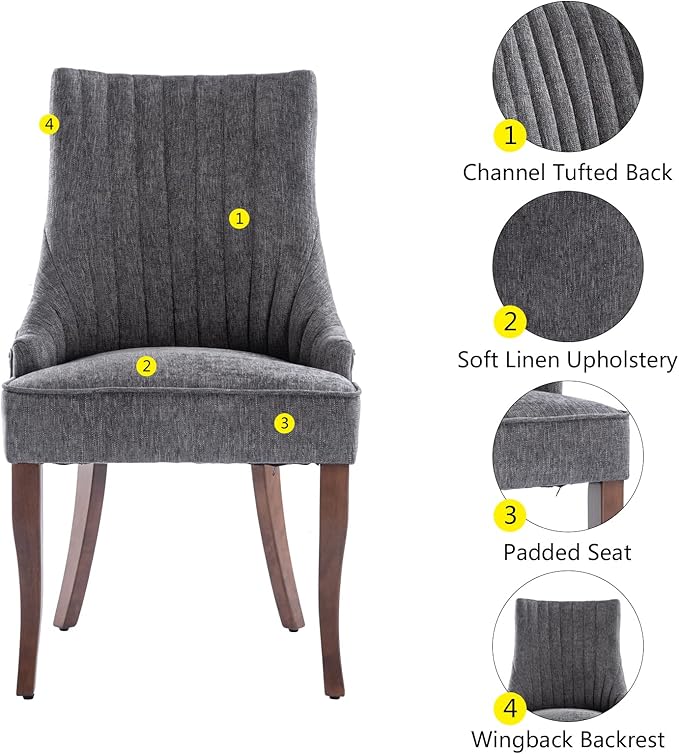 mikibama Linen Dining Chairs Set of 6 Channel Tufted Kitchen Dinner Chair Comfy Fabric Upholstered Accent Chair for Dining Room with Solid Wood Legs (Grey 6pc)