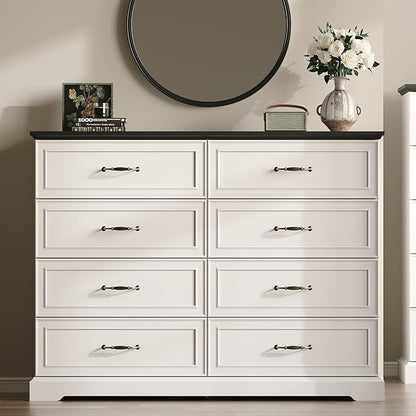 Farmhouse 8 Drawers Dresser for Bedroom, 54" Wide Modern Chest of Drawers with Deep Drawers & Bar Handles, Rustic Wood Dresser TV Stand, Wooden Closet Storage Organizer for Living Room, Hallway, White