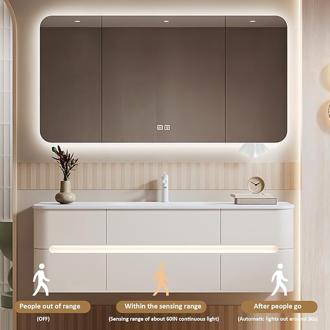 36IN Bathroom Vanity - Bathroom Vanity with Sink with Intelligent Induction Light | Wall-Mounted Bathroom Vanity with Intelligent LED Mirror Cabinet & 6 Drawers, Cream Color