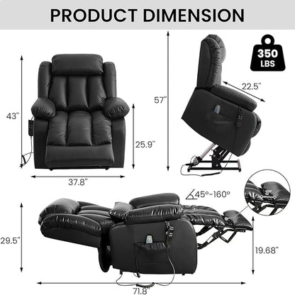 TEKAMON Power Lift Recliner Chair for Elderly with Heat & Massage, Dual Motor Genuine Leather Recliner, Lay Flat Sleeping Chairs with Infinite Position, RemoteControl(Black, Extended)