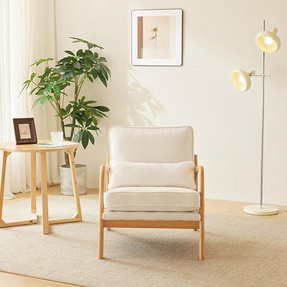 Karl home Accent Chair Mid-Century Modern Chair with Pillow Upholstered Lounge Arm Chair with Solid Wood Frame & Soft Cushion for Living Room, Bedroom, Balcony, Linen White (Low Back)