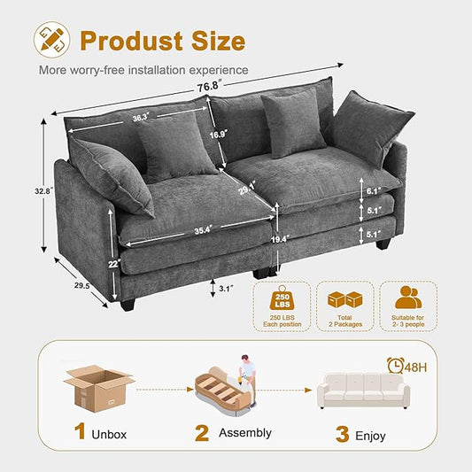 77" Cloud Chenille Sofa Set with Pillows, Deep Seat Loveseat Couch for Apartments, Space Saving 2-Seater with Solid Wood Frame, Easy Assembly (1YR Guarantee)