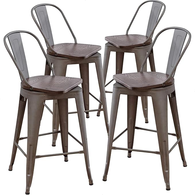 Aklaus Swivel Metal Bar Stools with Backs Counter Stools Set of 4 Counter Height Stools High Back Bar Chairs 30 Inch Barstools Farmhouse Rusty