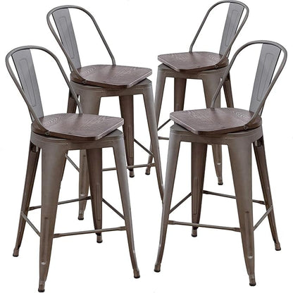 Aklaus Swivel Metal Bar Stools with Backs Counter Stools Set of 4 Counter Height Stools High Back Bar Chairs 30 Inch Barstools Farmhouse Rusty