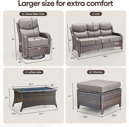 Swivel Patio Chairs sofa Set of 6 with 6" Thick Cushion - Wicker Outdoor Swivel Rocker Patio Chair ,Sofa/Glass coffee table, High Back Comfortable Outdoor Glider Chairs - Brown Wicker | Gery Cushions