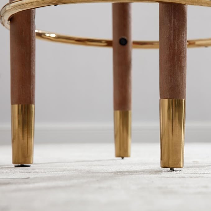 26’’ Rustic Backless Bar Stools with Metal Gold Footrest Counter Height Barstools Set of 2 Modern Round Farmhouse Beige Linen Upholstered Wooden Stools with Natural Solid Wood Legs for Kitchen Island