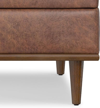 SIMPLIHOME Shiloh 38 inch Wide Transitional Contemporary Square Storage Ottoman in Distressed Saddle Brown Vegan Faux Leather, Assembled, for The Living Room, Entryway and Family Room