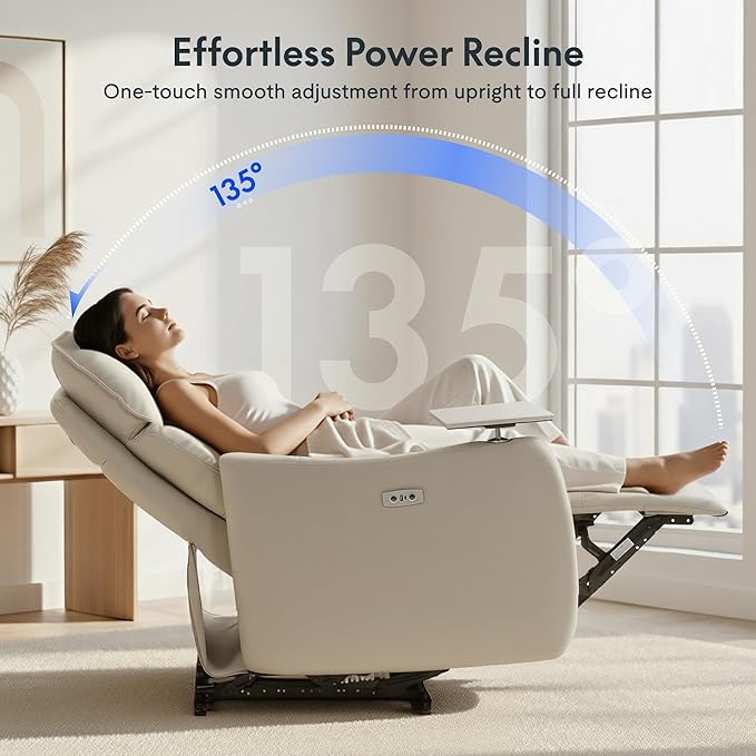 FLEXISPOT Lune Genuine Leather Power Recliner Chair with Tray Table & Adjustable Headrest, Real Leather Electric Recliner with USB & Type-C Charging Ports, Luxury Single Sofa for Living Room, Ceramic