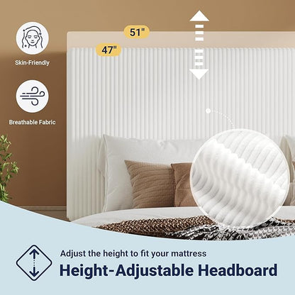 Allewie Full Size Upholstered Bed Frame with Vertical Channel Tufted Headboard, Soft Corduroy Fabric Platform Bed, Strong Wooden Slats Support, Easy Assembly, No Box Spring Needed, White