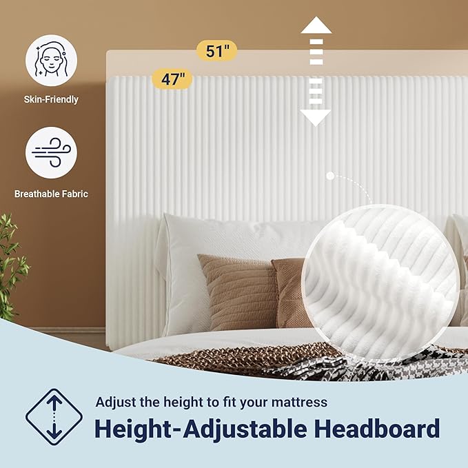 Allewie King Size Upholstered Bed Frame with Vertical Channel Tufted Headboard, Soft Corduroy Fabric Platform Bed, Strong Wooden Slats Support, Easy Assembly, No Box Spring Needed, White