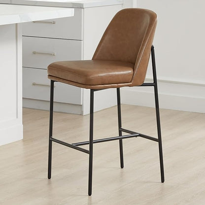 CHITA Counter Height Bar Stools Set of 2, FSC Certified Metal Barstools for Kitchen Island, 27" H Seat Height, Faux Leather, Saddle Brown