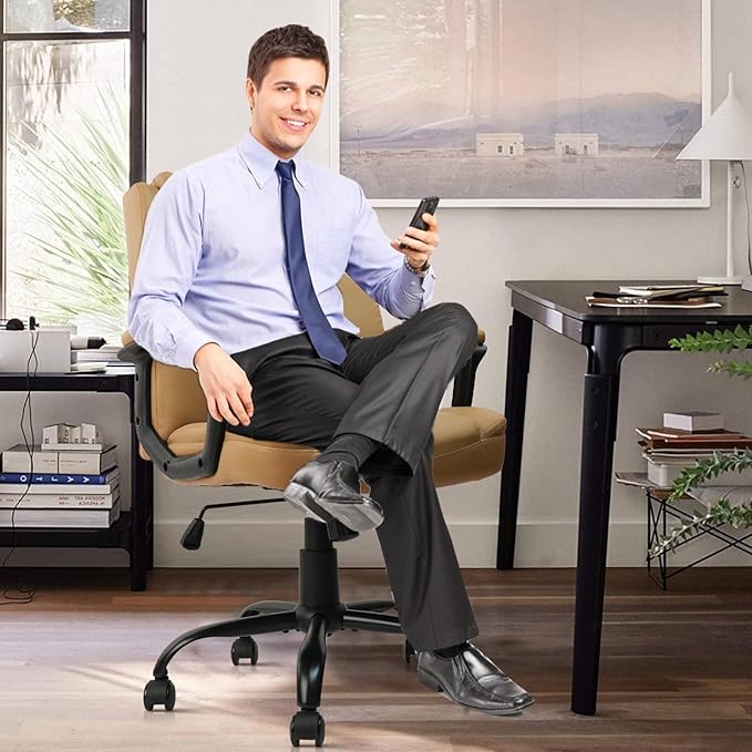 CLATINA Brown Office Chair Computer Chairs PU Leather Executive Office Chairs Swivel Adjustable Height Chair with Upholstery Fixed armrest Mid-Back Leather Thick Cushion Office Chair Brown 1Pack
