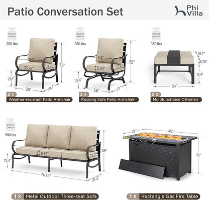 PHI VILLA 8 Piece Outdoor Patio Furniture Set with 1 x 45 FirePit Table, 1 x 72 Deep Seating Sofa Bench, 2 x C-Base Sofa Chairs, 2 x Armrest Legs Chair and 2 x Metal Cushioned Ottoman