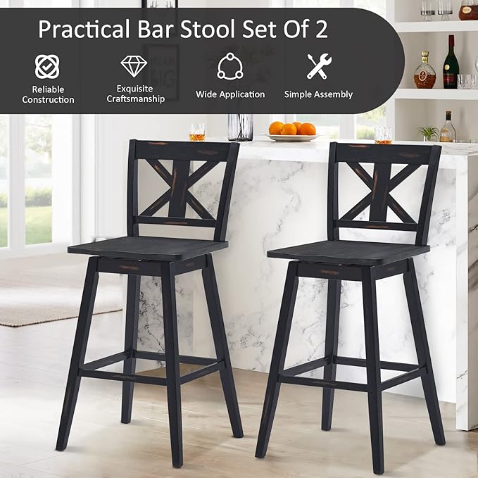 COSTWAY Bar Stools Set of 2, 360 Degree Swivel, 29-inch Height Chairs w/Non-Slip Foot Pads, Rubber Wood Bar Chairs, Vintage Bar Stools for Home, Restaurant (Black)