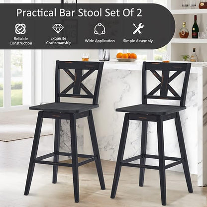 COSTWAY Bar Stools Set of 2, 360 Degree Swivel, 29-inch Height Chairs w/Non-Slip Foot Pads, Rubber Wood Bar Chairs, Vintage Bar Stools for Home, Restaurant (Black)