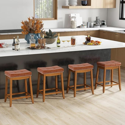 COSTWAY Saddle Bar Stools Set of 4, 25-Inch Counter Height Barstools w/PU Leather Seat, Solid Rubber Wood Frame, Footrest, Mid-Century Backless Counter Stools for Kitchen Island Home Bar