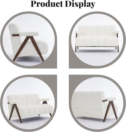 Mid Century Modern Accent Chair Loveseat Sofa with Solid Wood Frame, Boucle Upholstered Living Room Chairs with Thick Cushion, Comfy Tufted Arm Chair for Bedroom, Ivory