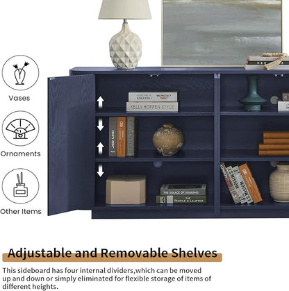 LKTART 64" Buffet Cabinet with Storage, Modern Fluted Accent Sideboard Media Console Credenza with Adjustable Shelves Pressed Spring for Kitchen Living Room,31.5" H (Blue)