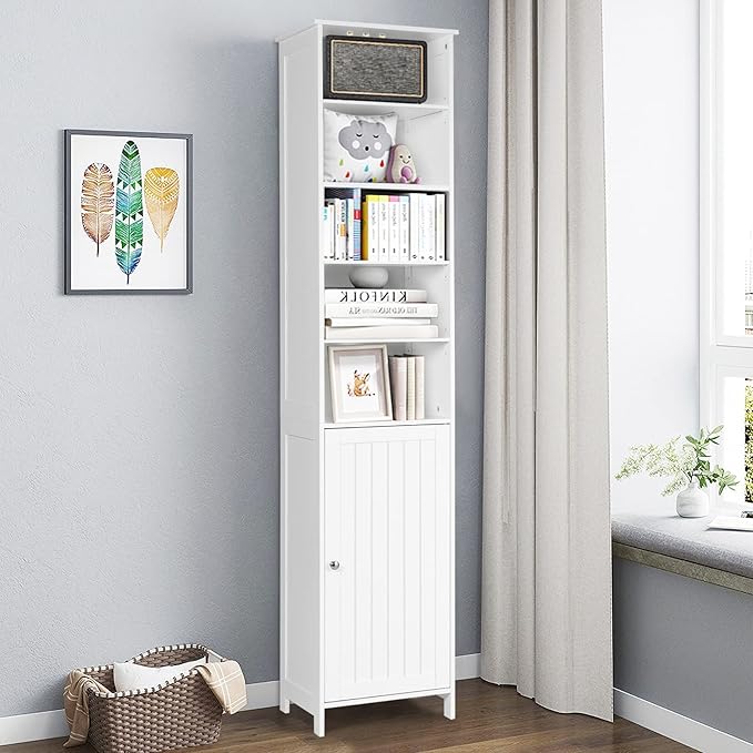 COSTWAY Bathroom Storage Cabinet, Freestanding Floor Cabinet with 3-Level Adjustable Shelves, Convenient Door & Knob, Narrow Tall Cabinet Organizer for Bathroom, Living Room, Kitchen (White)
