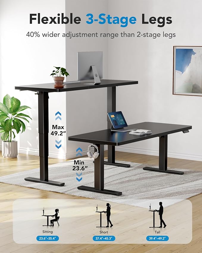 HUANUO 60x30 Inch 3-Stage Legs Electric Standing Desk, Large Height Adjustable Office Desk with Brushless Motor, Stand Up Desk with 4 Memory Presets & 2 Hooks, Computer Desk for Home Office, Black