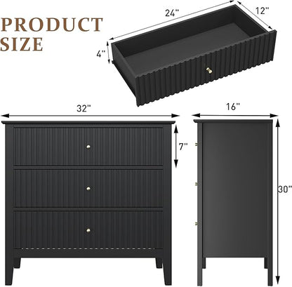 RoyalCraft Black Fluted 3 Drawer Dresser, 32 inch Wide Dresser Nightstand for Bedroom, Modern Wood Chest of Drawers, Large Painted Nightstand with 3 Drawers for Closet, Hallway, Entryway
