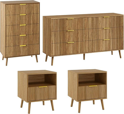 LYNSOM Fluted Dresser and Nightstand Sets 4 Piece, 1-Drawer Nightstands and 5/6 Drawers Dresser, Wood Bedroom Furniture Set for Home, Bedroom, Hallway, Natural Oak