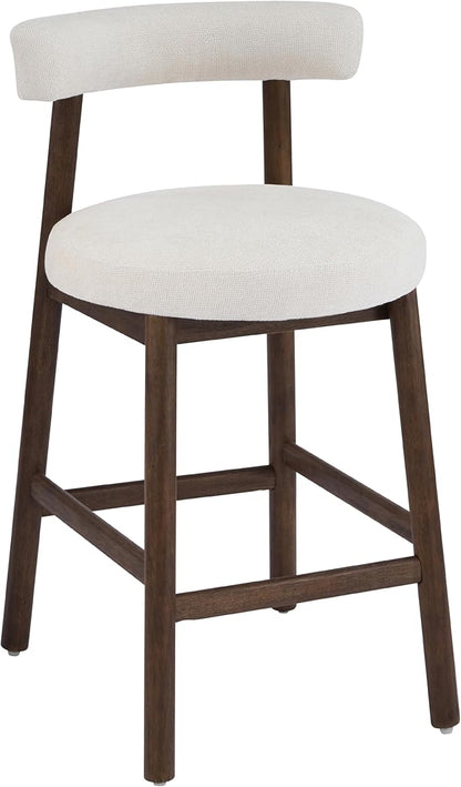 Christopher Knight Home Annes Counter Height Bar Stools Set of 2, Linen Fabric Round Bar Stool for Kitchen Island, Wooden Dining Room Chair, Counter Stool with Footrest, Walnut+Milky White