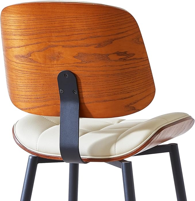 Mid Century Modern Bar Stools Set of 2 for Kitchen Island,Upholstered Beige Faux Leather Counter Height stools,26 Inch Counter stools with Walnut Grain Back