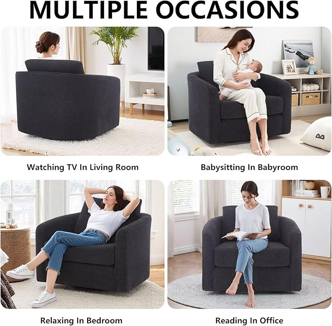 MINCETA Oversized Accent Chair for Living Room, 360° Swivel Barrel Chair with High Density Foam, Modern Glider Chair with Performance Fabric Upholstered Armchair for Apartment, Bedroom Black