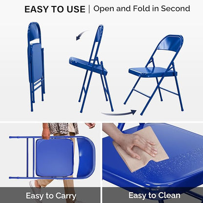 VINGLI Folding Chairs All Steel Metal Frame, Capacity 350 lbs, Durable Portable and Versatile for Indoor Outdoor Use, Navy Blue, Set of 8