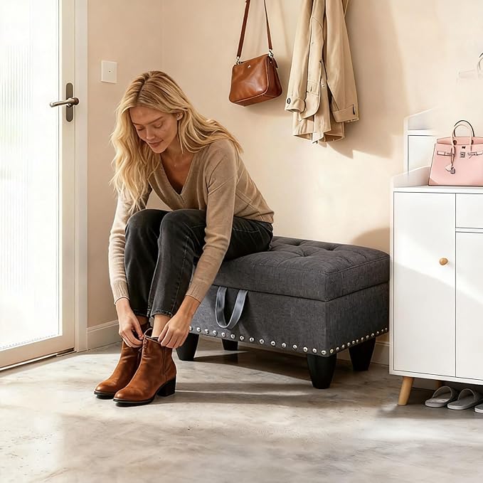 Linen Fabric Storage Ottoman with Nailhead Trim, 28.5"X19.5"X17.5" Footrest Stool, Hidden Storage Foot Stool for Living Room, Bedroom Furniture, Grey