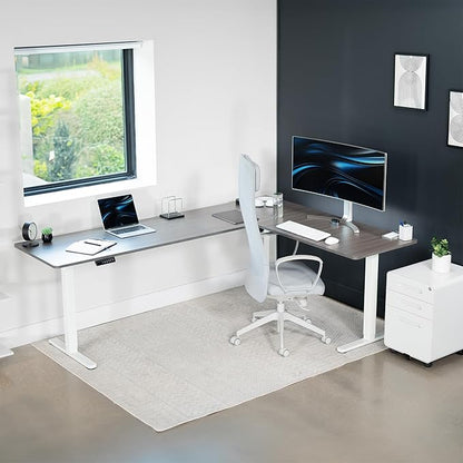 VIVO Corner Standing Desk, 84 x 63 inch Reversible L-Shaped Workstation, Electric Height Adjustment, Home, Office, and Reception Rooms, Dark Gray Table Top White Frame, DESK-E3CTWG-84