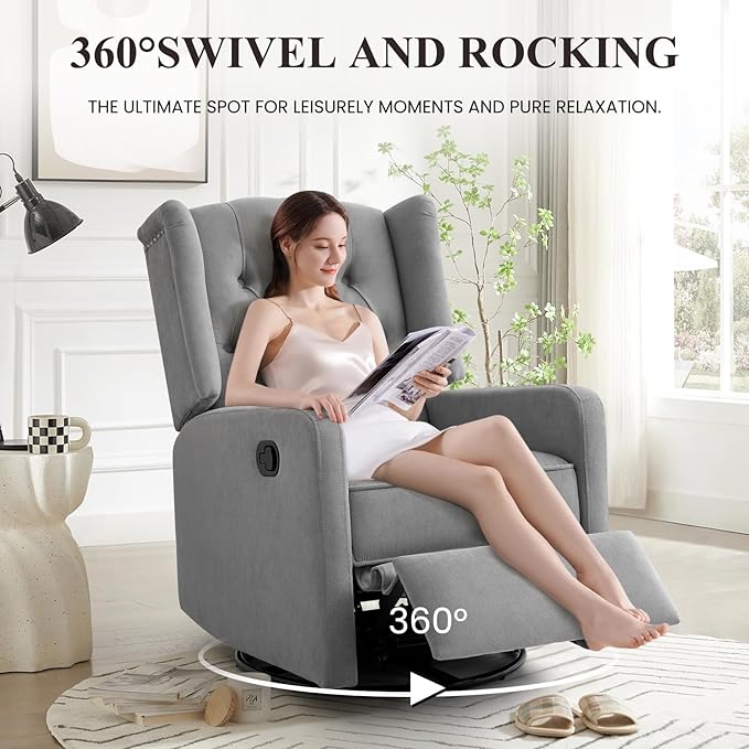 360 Swivel Rocker Recliner Chair for Adults, Nursery Chair for Small Spaces Living Room, Upholstered Fabric Glider Recliner, Pigeon Grey
