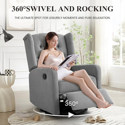 360 Swivel Rocker Recliner Chair for Adults, Nursery Chair for Small Spaces Living Room, Upholstered Fabric Glider Recliner, Pigeon Grey